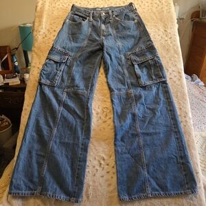 Old Navy Jeans Women Sz 16 (28x29) High Rise Baggy Wide Leg Cargo Denim 1107